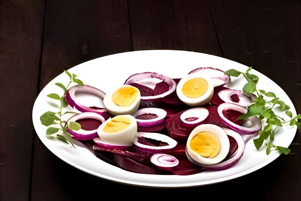 Ensalada de remolacha y huevo duro con cebolla y perejil, servida en plato blanco