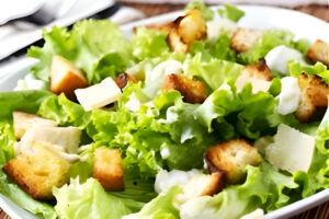 Ensalada César con trozos de pollo grillado, crutones crujientes, lechuga romana y aderezo cremoso