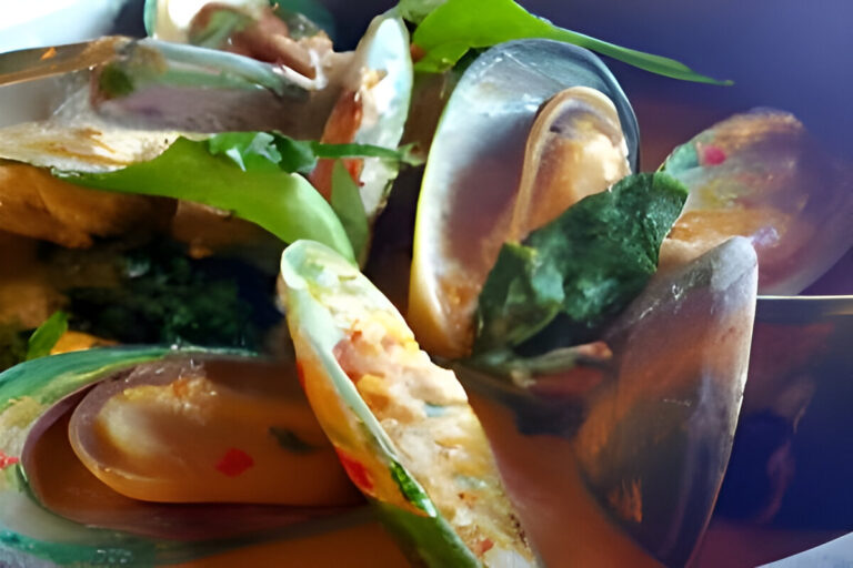 Mejillones al curry de coco con leche de coco, especias y cilantro fresco, servidos en plato hondo