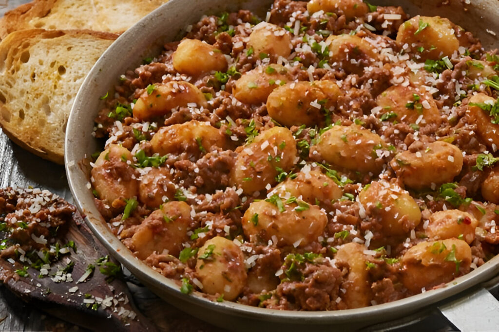 Plato de ñoquis caseros con salsa boloñesa tradicional