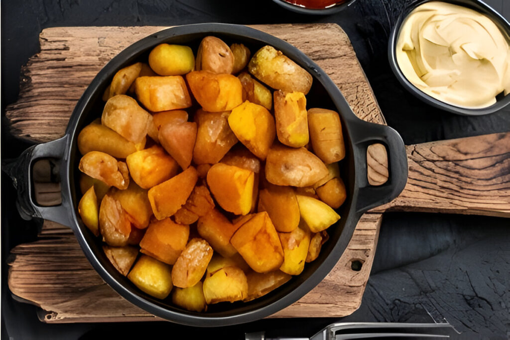 Papas bravas crujientes servidas con salsa picante tradicional española
