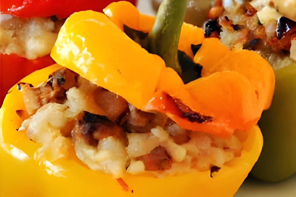 Pimientos rojos rellenos con carne, arroz y vegetales asados al horno, servidos sobre una fuente rústica