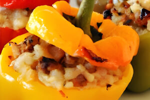 Pimientos rojos rellenos con carne, arroz y vegetales asados al horno, servidos sobre una fuente rústica