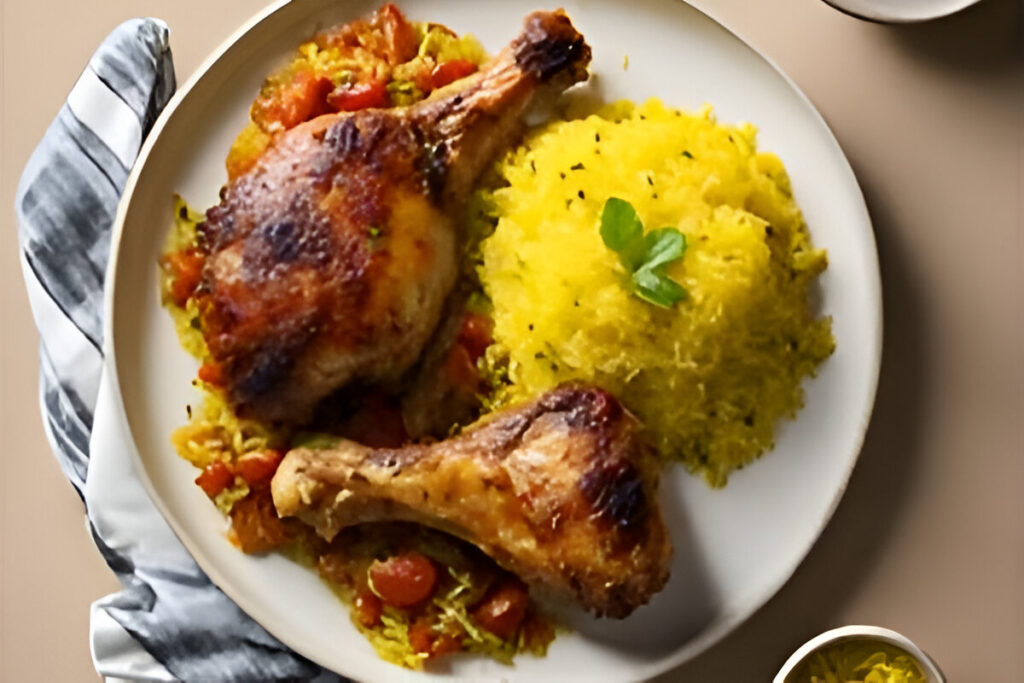 Plato de pollo a la portuguesa acompañado con arroz amarillo y vegetales