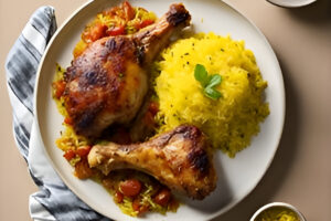 Plato de pollo a la portuguesa acompañado con arroz amarillo y vegetales