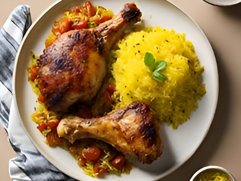 Plato de pollo a la portuguesa acompañado con arroz amarillo y vegetales