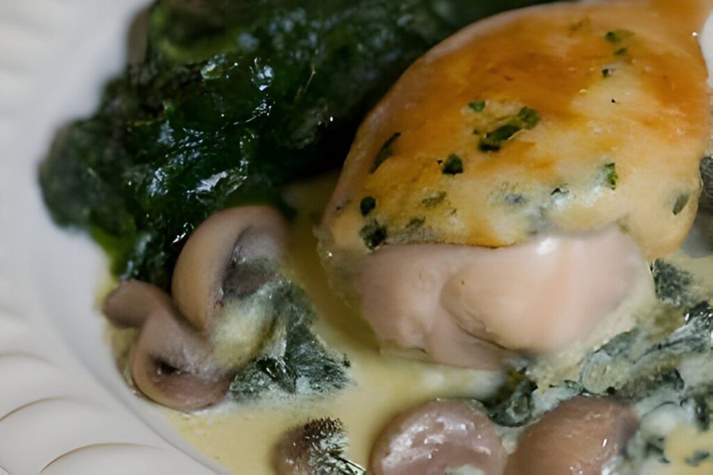 Pechuga de pollo rellena de champiñones y espinacas, bañada en salsa cremosa, servida con hierbas frescas