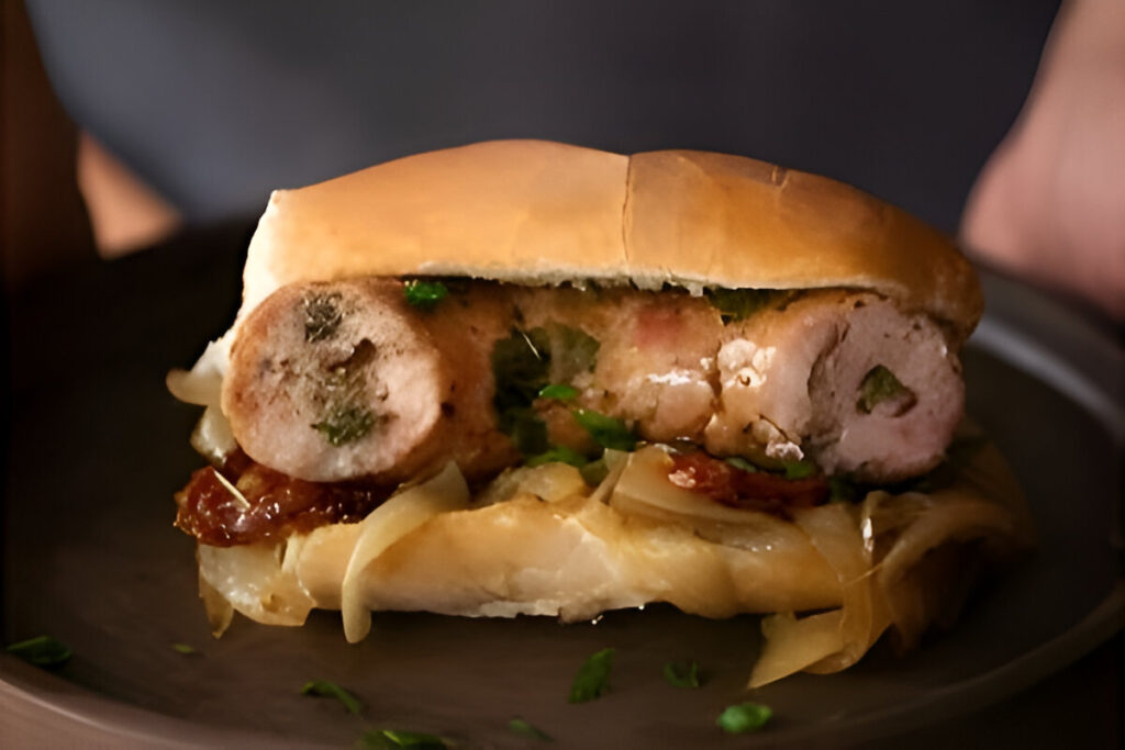 Choripán argentino con chimichurri servido en pan casero, acompañado de papas fritas y una bebida fría