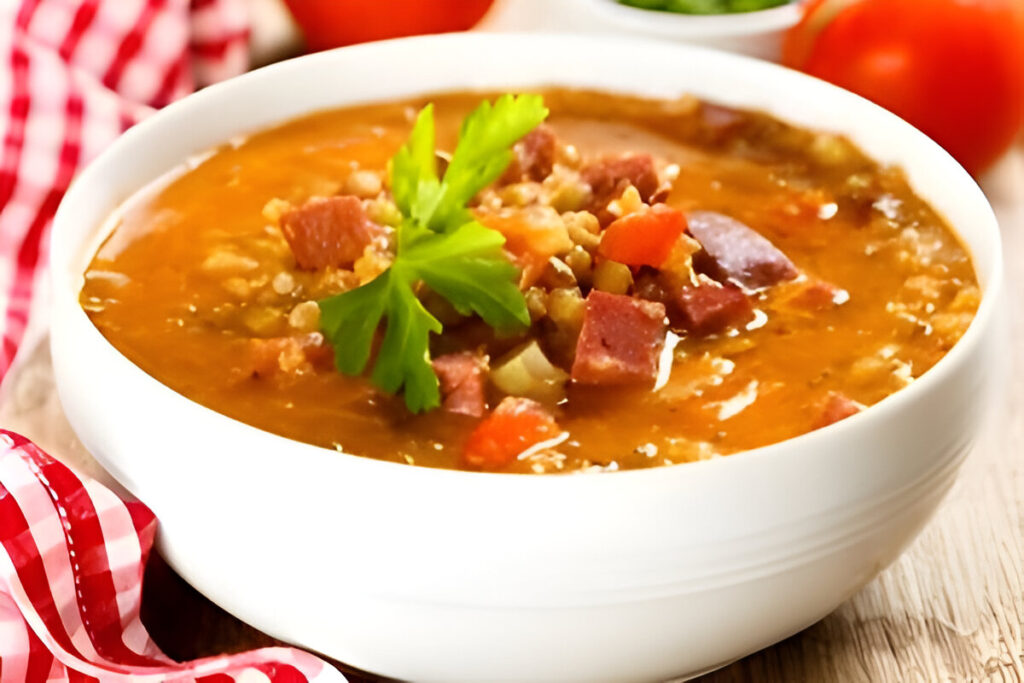 Plato hondo con guiso de lentejas casero, con chorizo, verduras y salsa espesa, ideal para días fríos