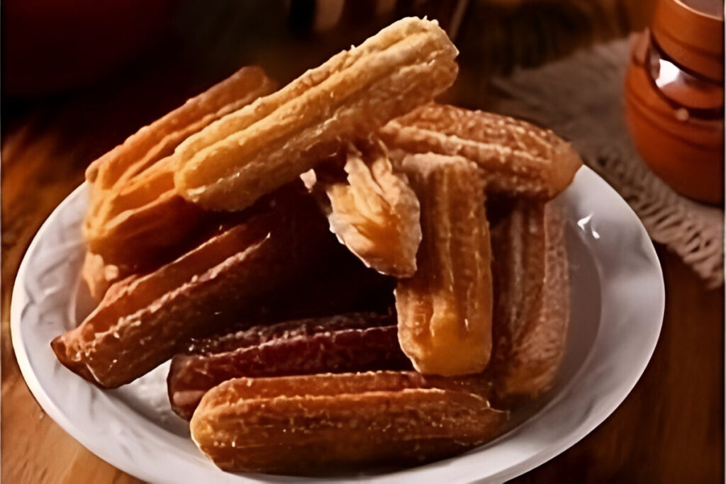 Churros caseros recién fritos, espolvoreados con azúcar y canela, servidos con chocolate caliente
