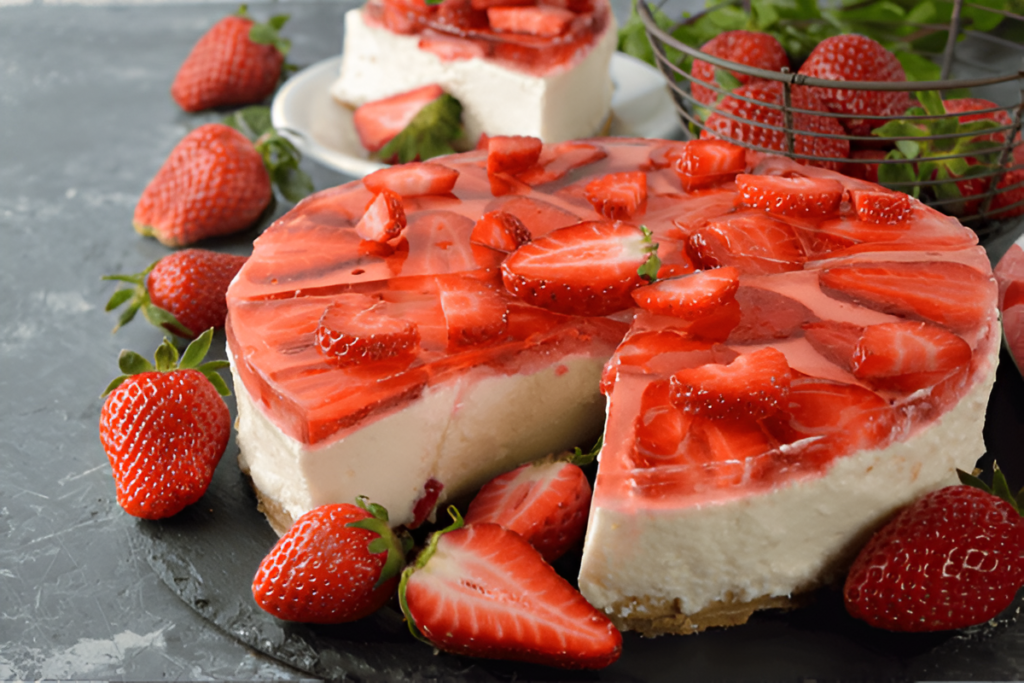 Cheesecake de frutilla casero con cobertura fresca de frutillas
