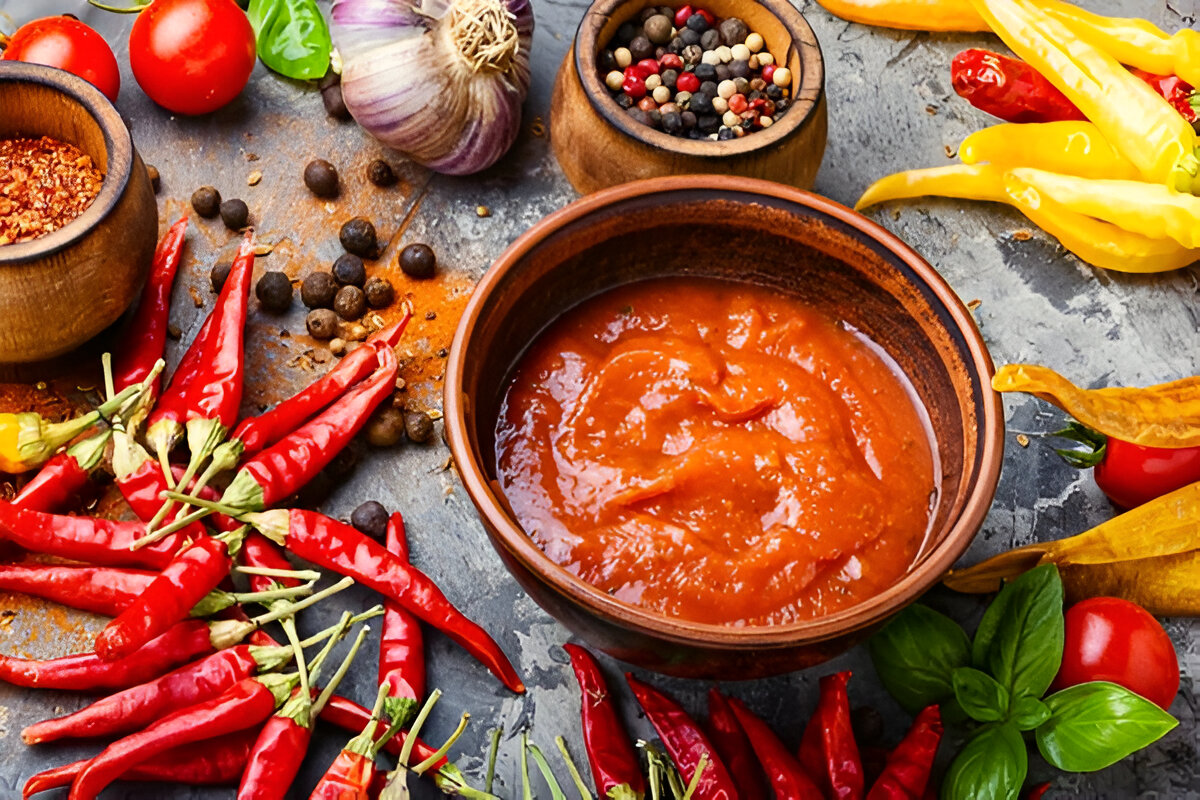 Salsa de chile picante servida en frasco de vidrio con chiles frescos alrededor