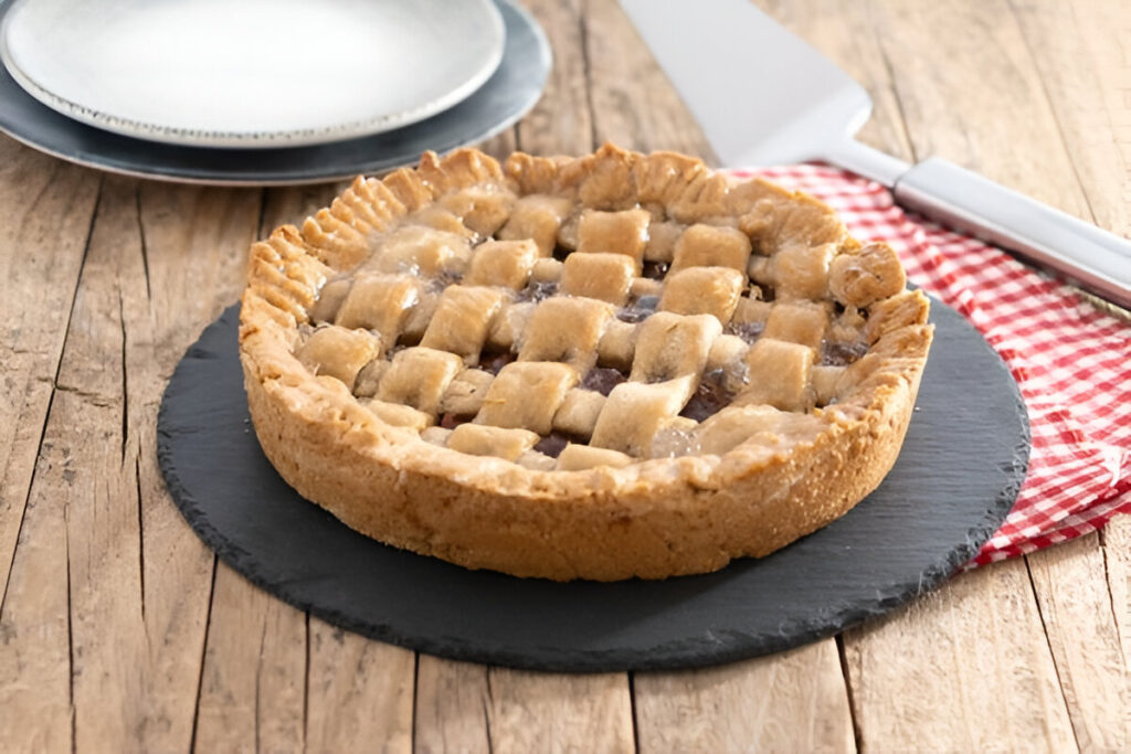 Pastafrola de membrillo casera con enrejado dorado