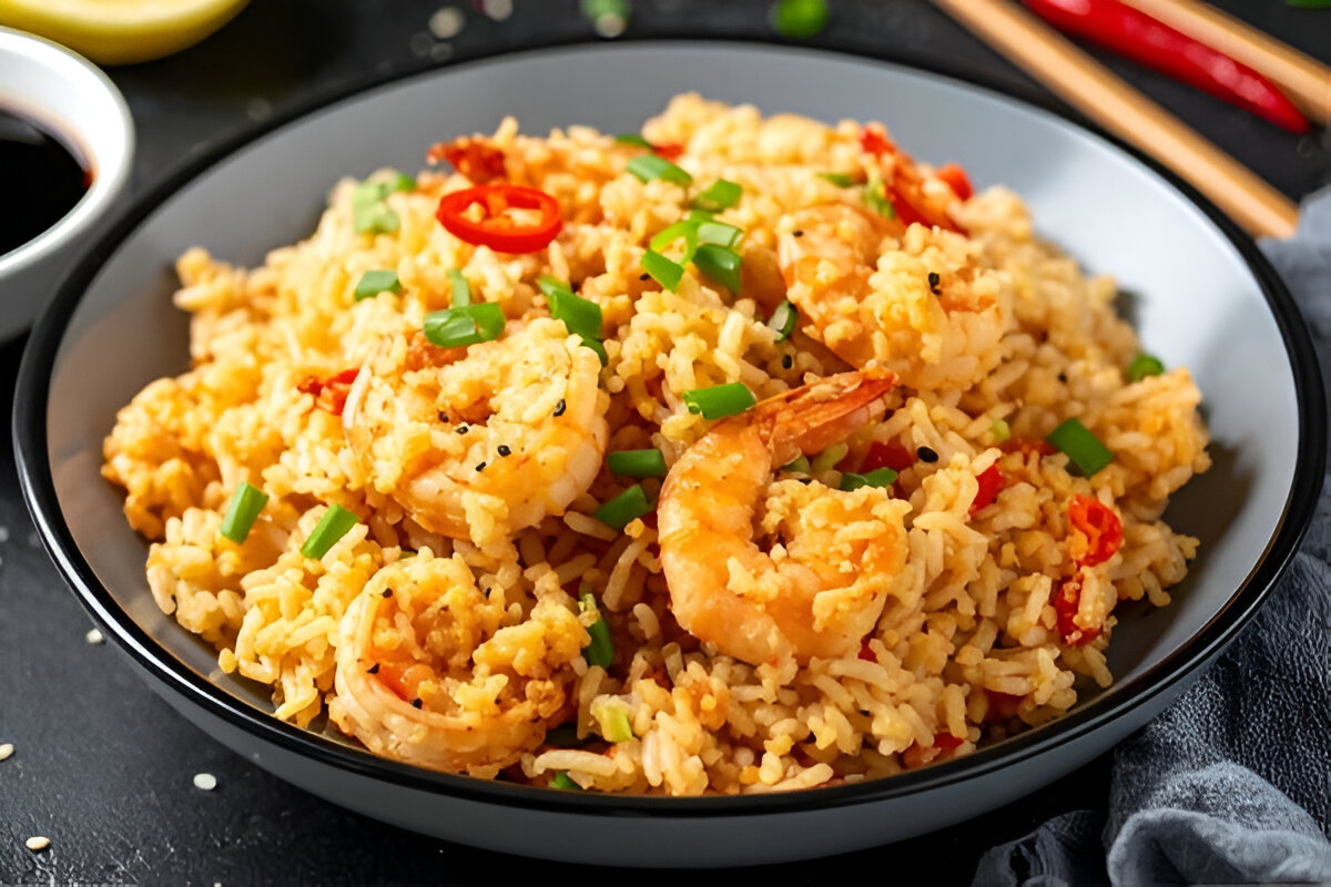 Plato de arroz con camarones servido con perejil fresco