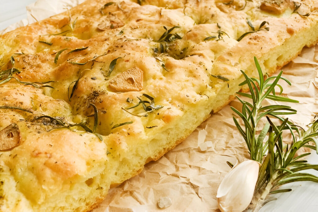 Focaccia italiana casera con romero y sal gruesa recién horneada