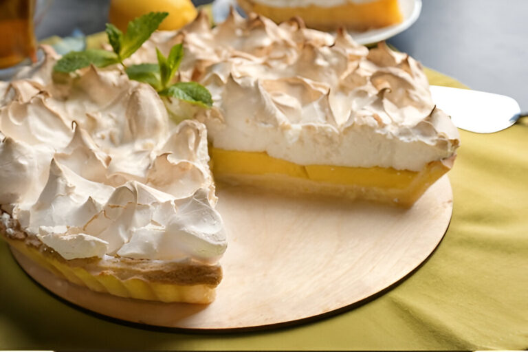 Lemon pie casero con merengue dorado servido en plato