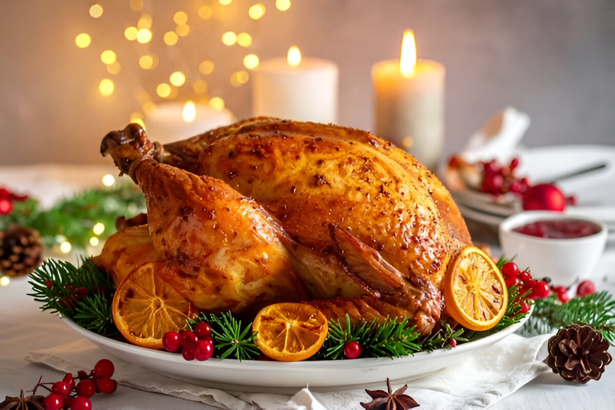 Pavo navideño relleno al horno con hierbas y guarnición
