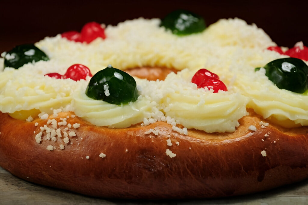 Rosca de Reyes casera decorada con frutas y crema pastelera