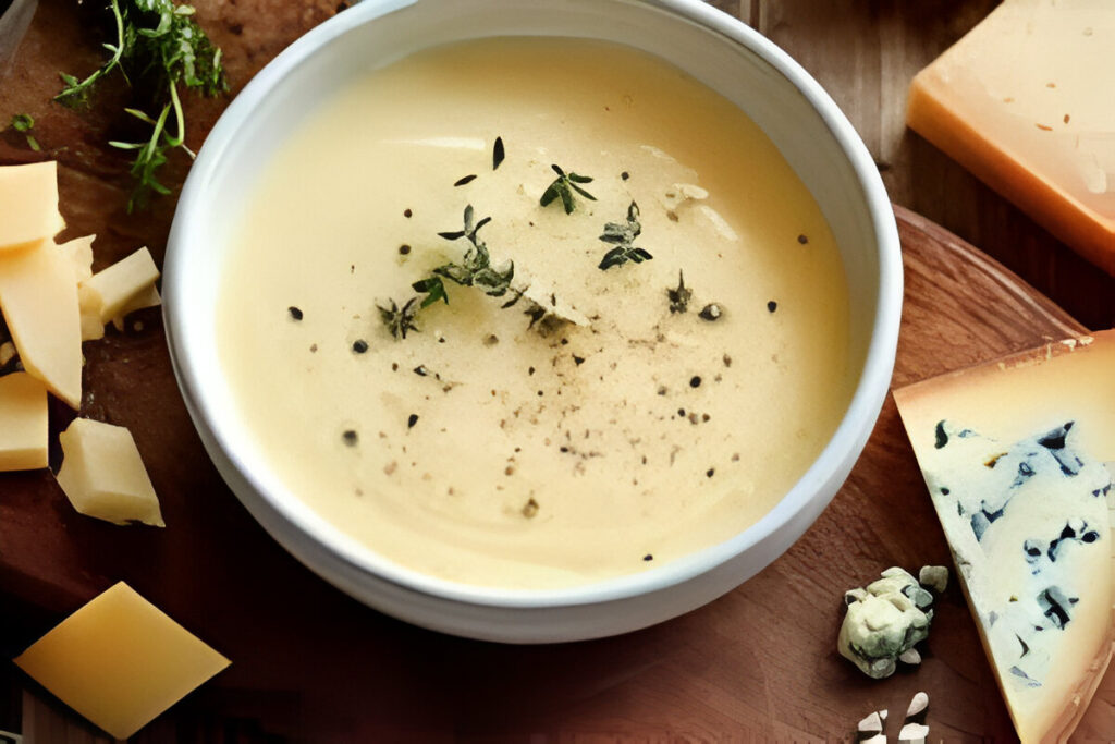 Salsa 4 quesos cremosa servida en sartén con mezcla de quesos fundidos