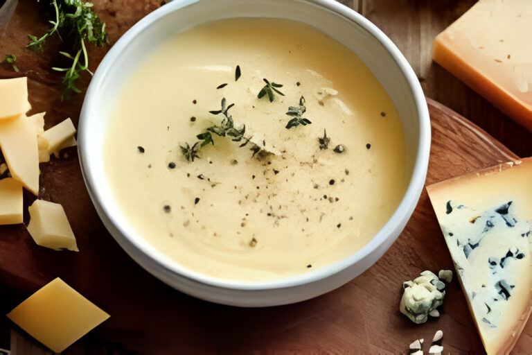 Salsa 4 quesos cremosa servida en sartén con mezcla de quesos fundidos