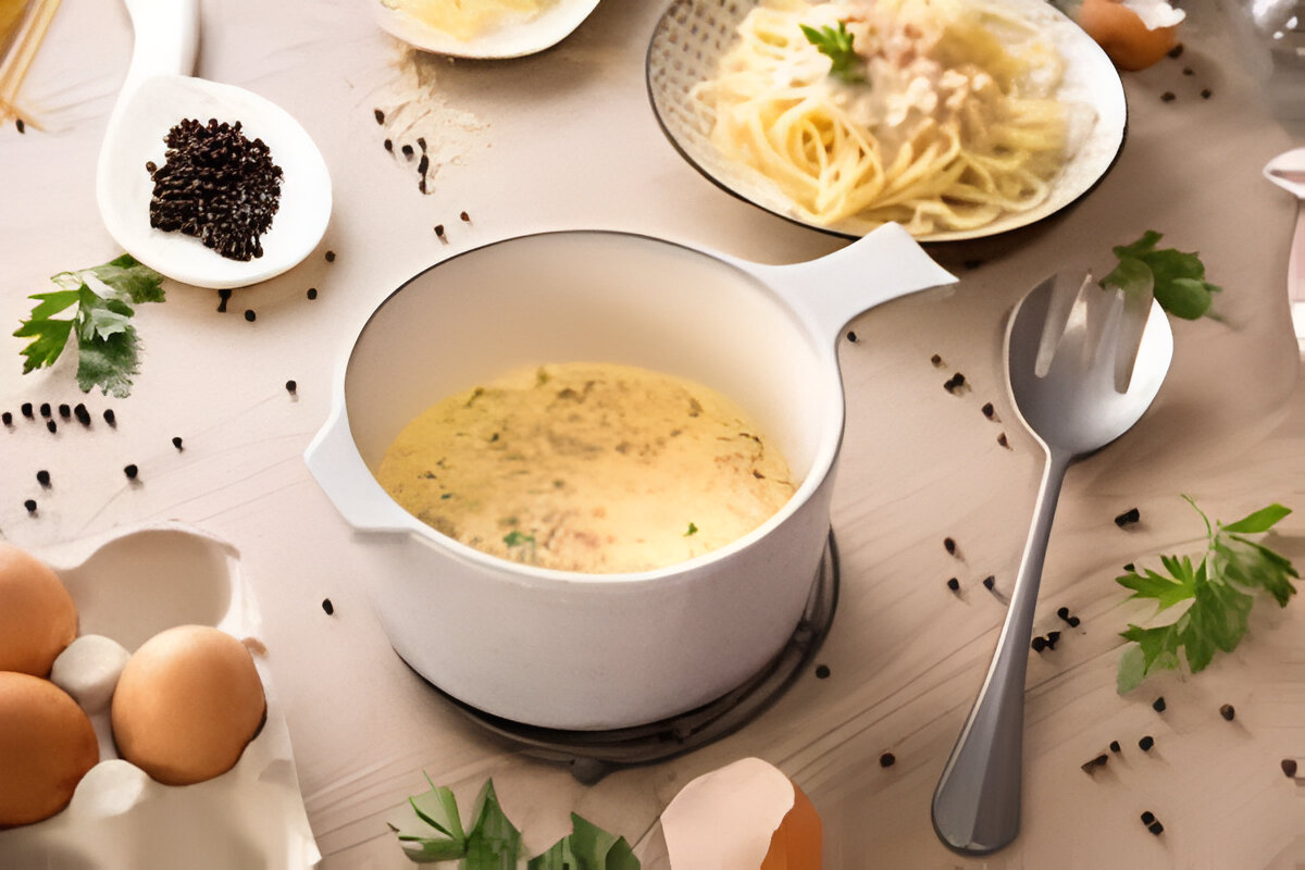 Salsa carbonara con panceta y pecorino servida en sartén