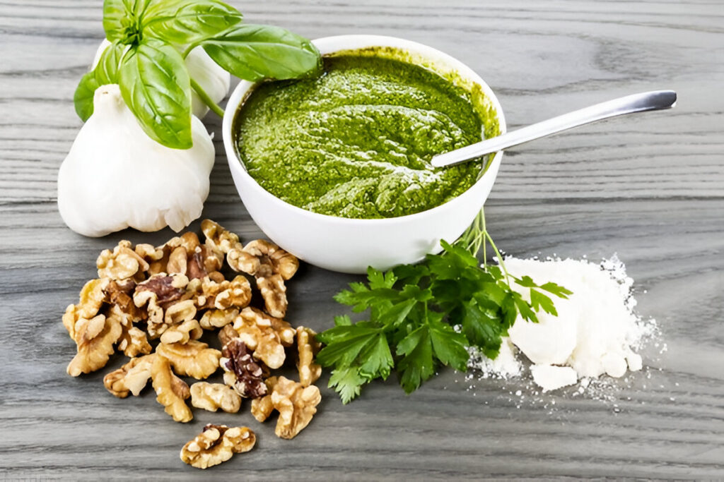 Salsa de pesto casera en cuenco con albahaca fresca