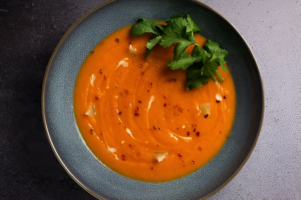 Sopa crema de tomates servida en plato hondo con albahaca fresca