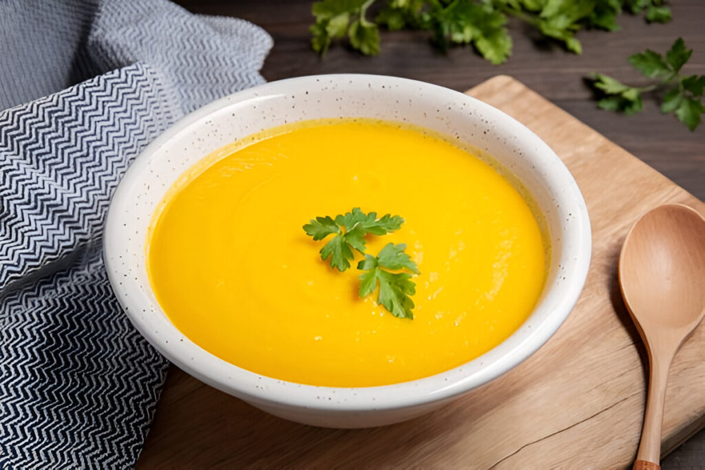 Sopa crema de zanahoria servida en plato hondo con perejil fresco