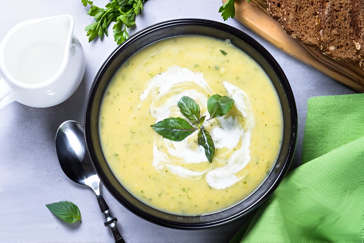 Sopa crema de zucchini servida en cuenco con perejil fresco