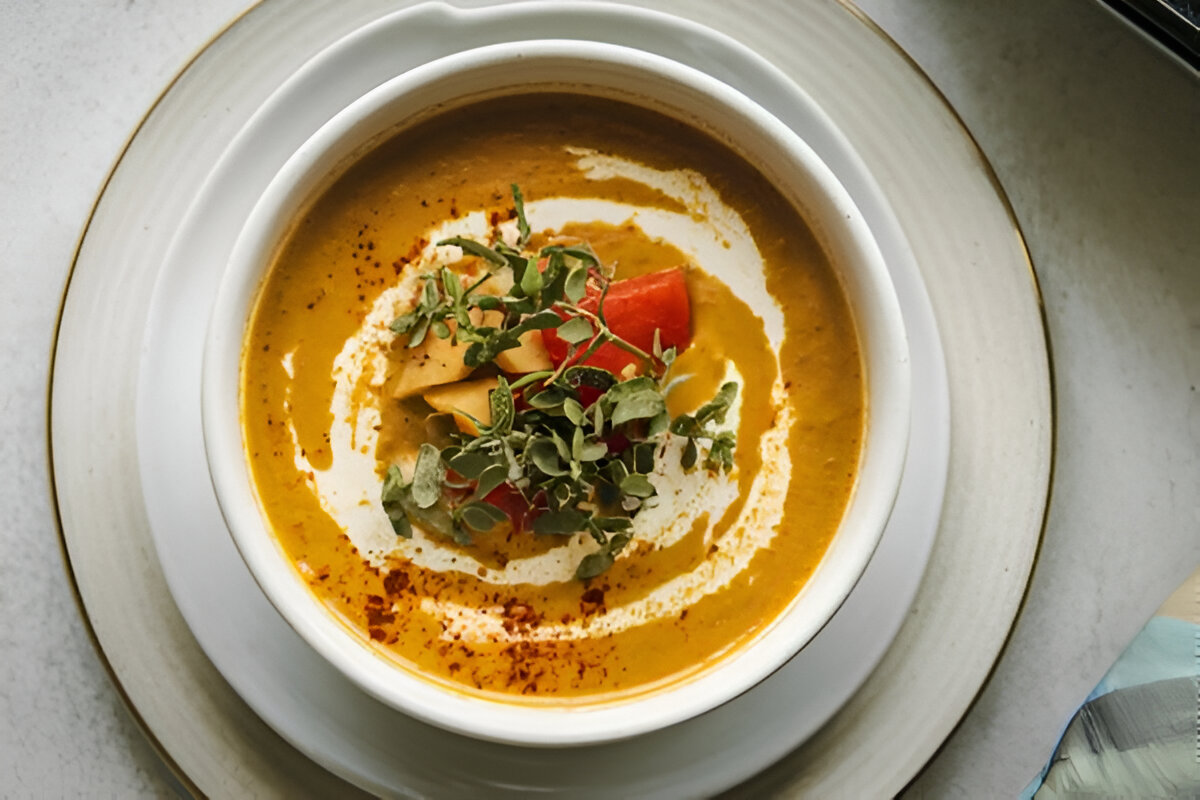 Sopa crema de cúrcuma servida con perejil fresco