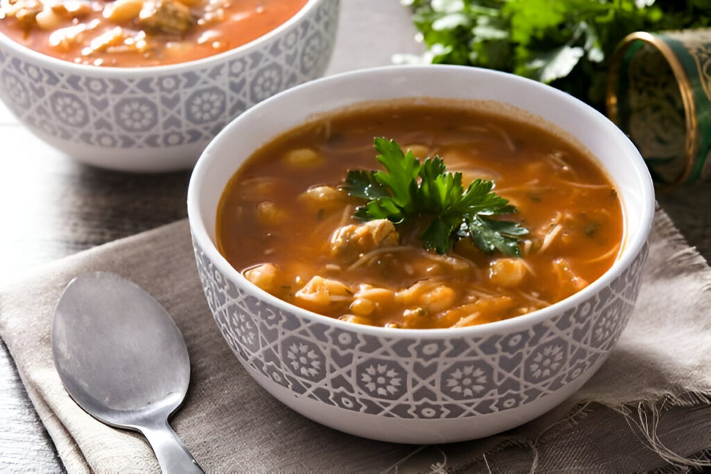 Plato de sopa harira marroquí con garbanzos y especias