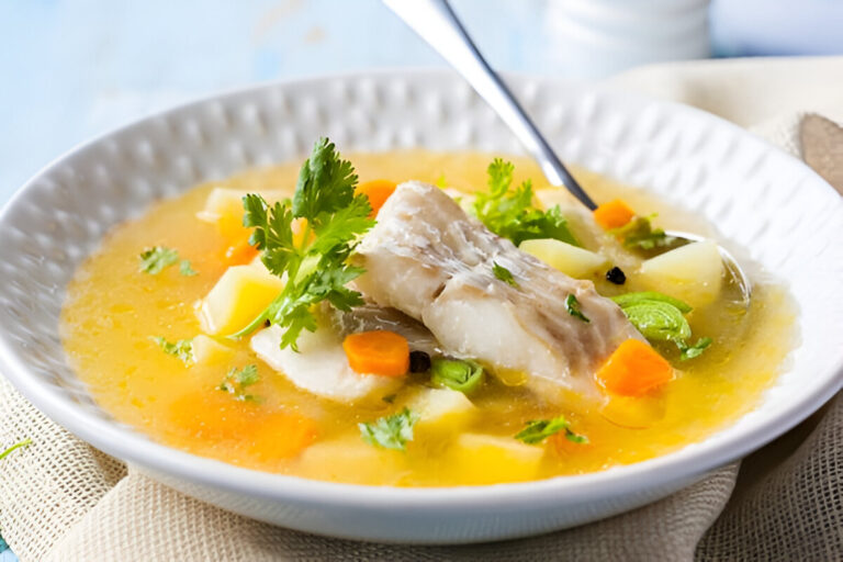 Sopa de pescado casera con verduras y perejil fresco