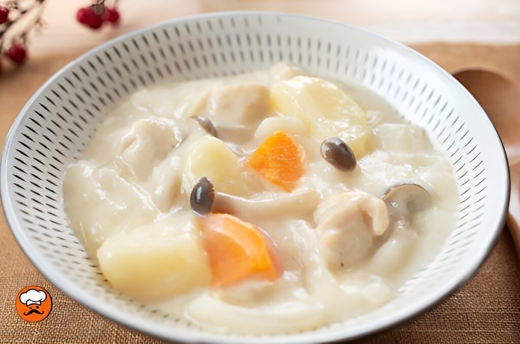 Estofado japonés cremoso con pollo papas zanahoria y champiñones