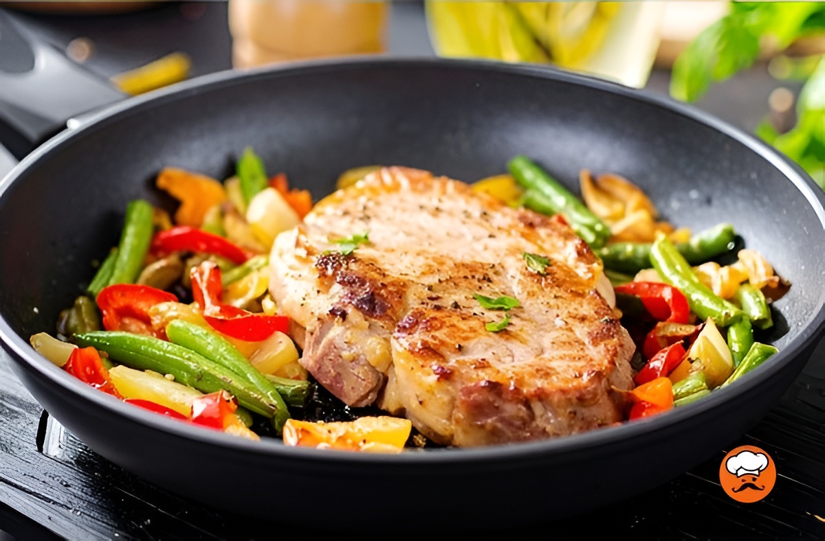 Filete de cerdo frito con veeduras salteados y dorados