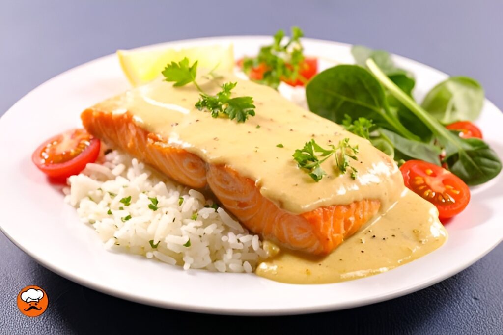 Salmón a la plancha con arroz blanco y salsa holandesa