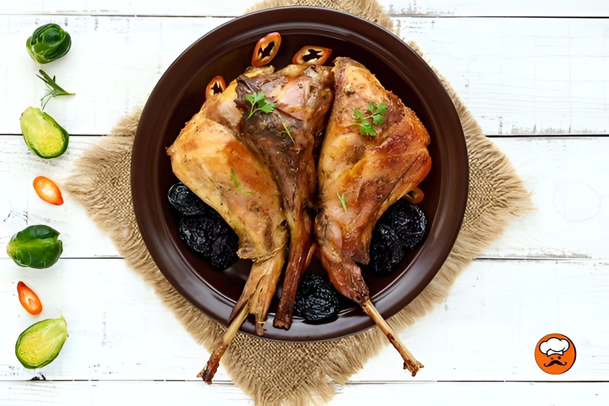 Piernas de conejo asadas con ciruelas pasas y salsa