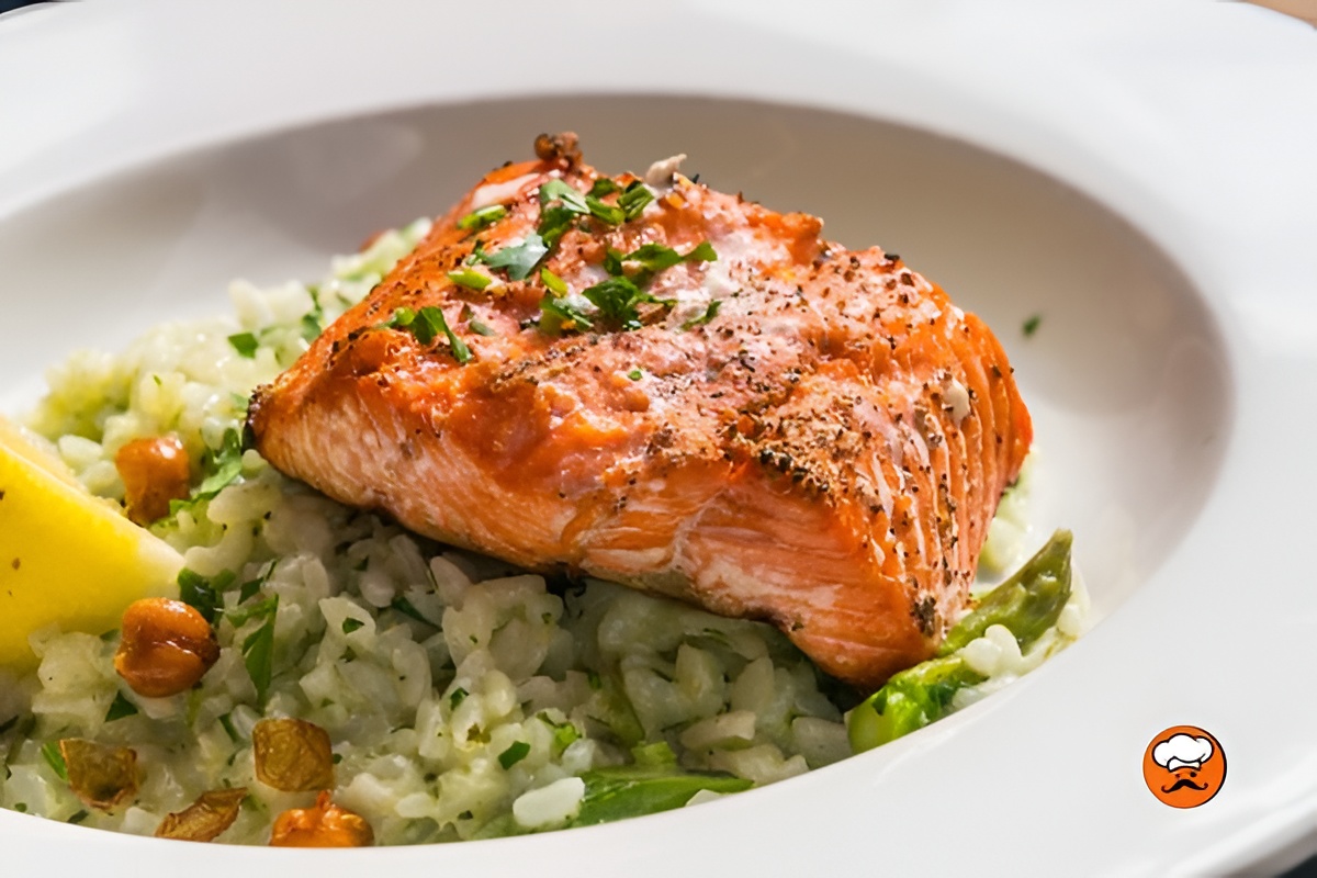 Risotto cremoso con espárragos y salmón a la plancha