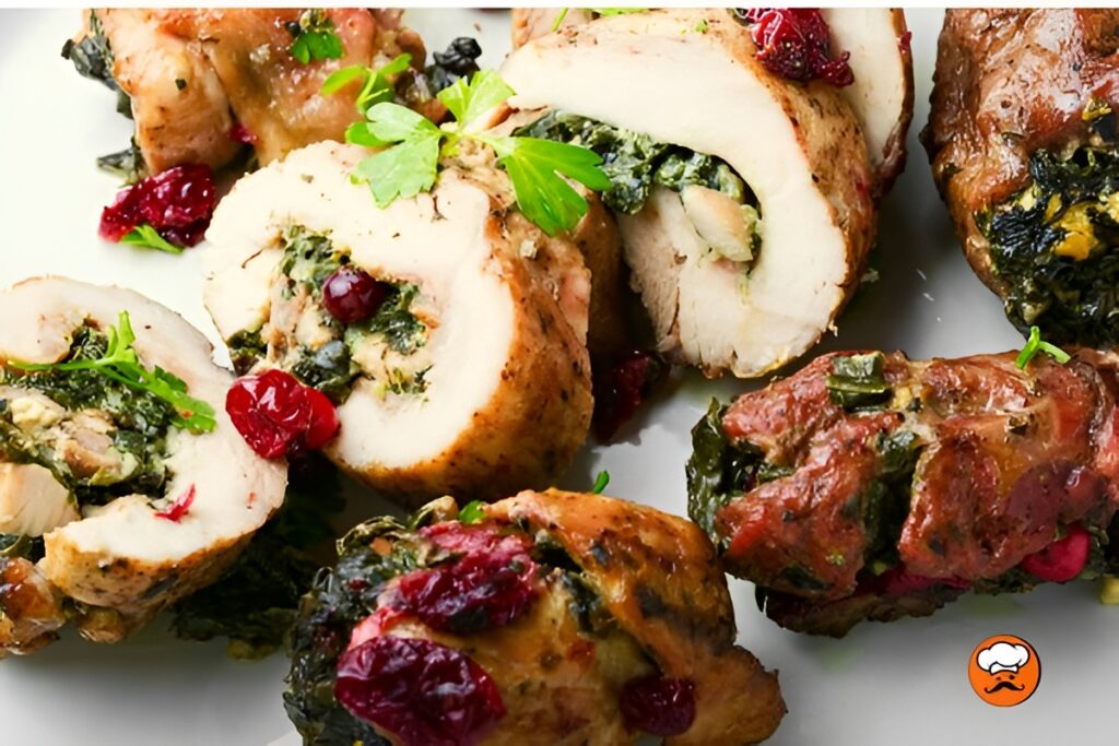 rollitos de carne de pavo rellenos con espinaca y arándanos