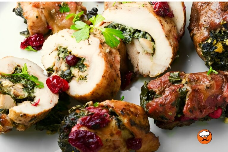 rollitos de carne de pavo rellenos con espinaca y arándanos