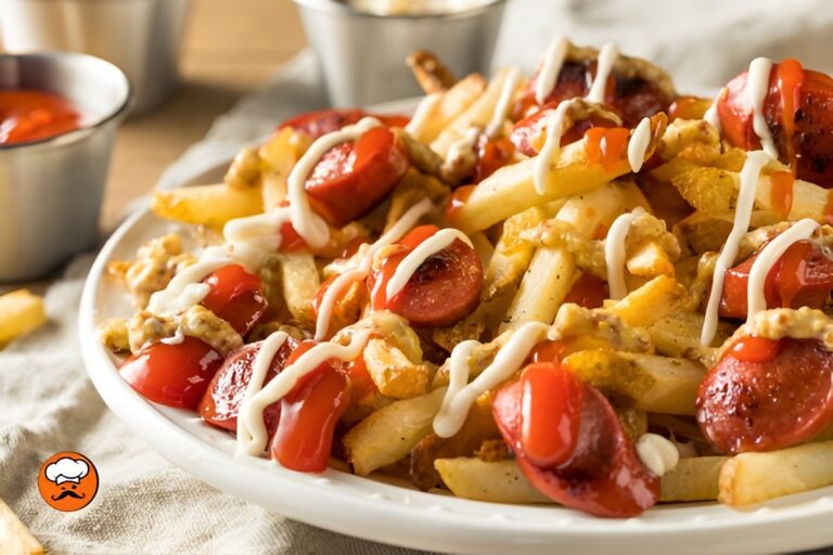 Salchipapas - comida rapida peruana con papas fritas, salchichas y salsas