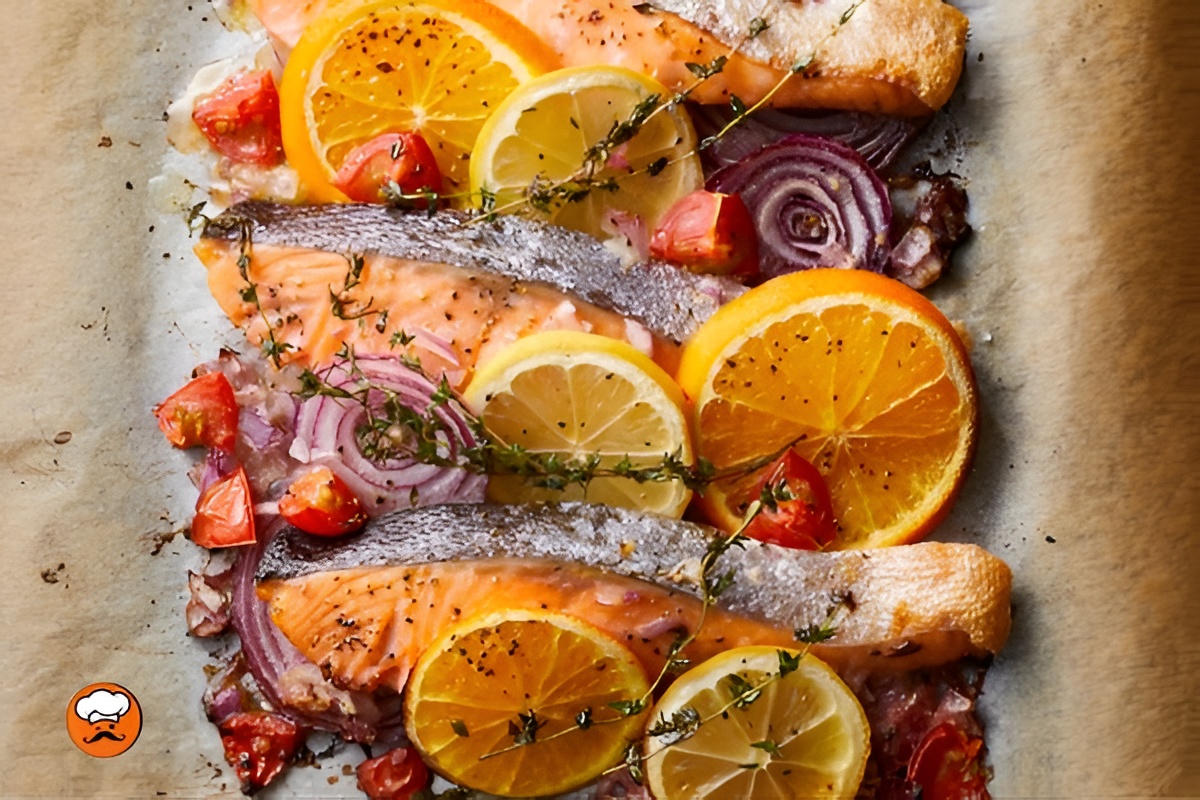 Salmón al horno con rodajas de cítricos y hierbas frescas