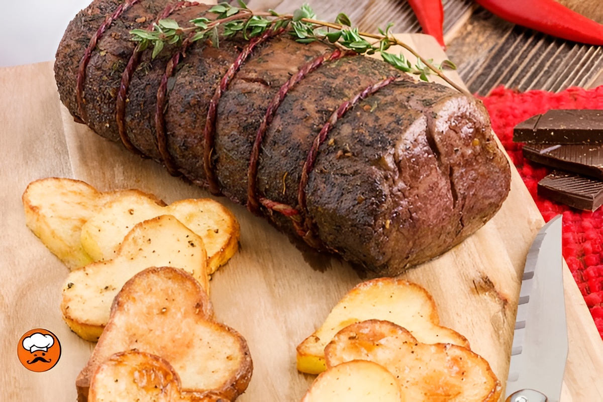 Solomillo entero al horno con patatas doradas y romero fresco