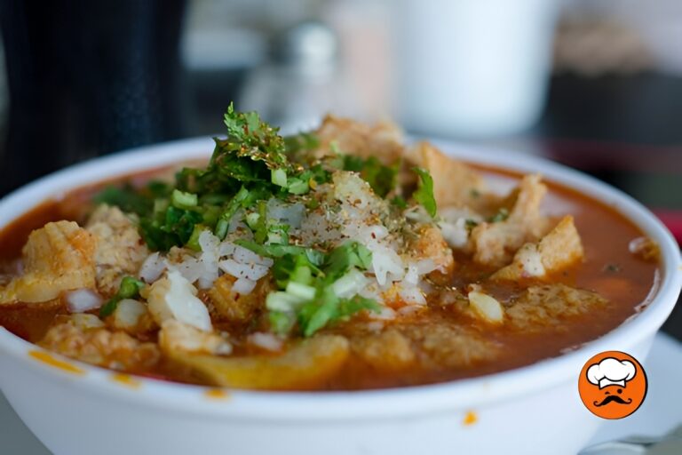 Sopa menudo mexicana casera con pancita de res y chiles secos