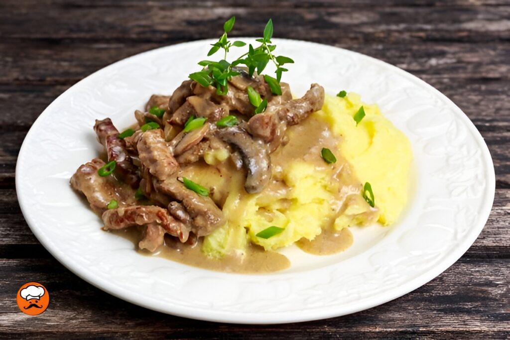Stroganoff de ternera con salsa cremosa y puré de patatas