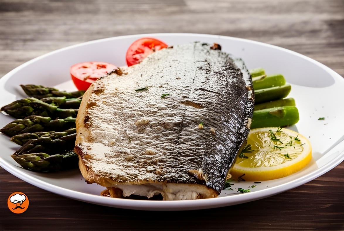trucha a la parrilla con espárragos y rodajas de limón