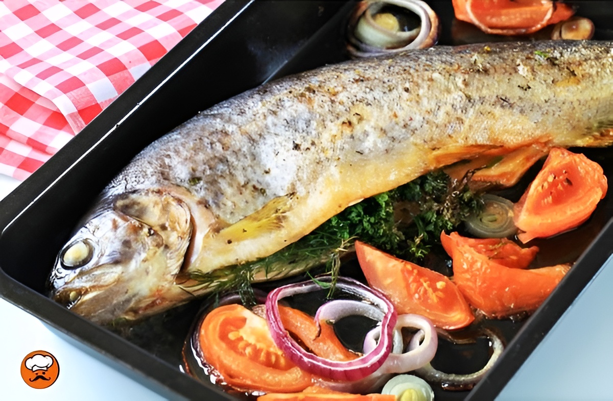 trucha al horno con tomate y hierbas frescas