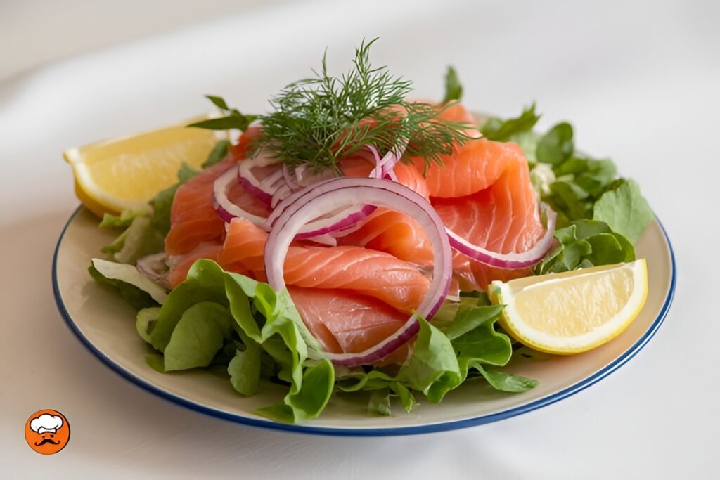 Ensalada de salmón ahumado con cebolla morada y hojas verdes