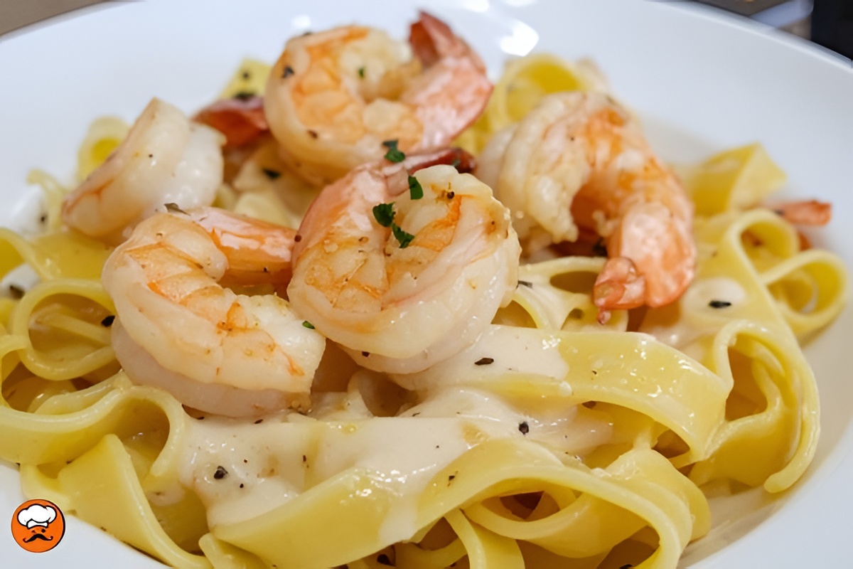 fetuccini con salsa alfredo y camarones