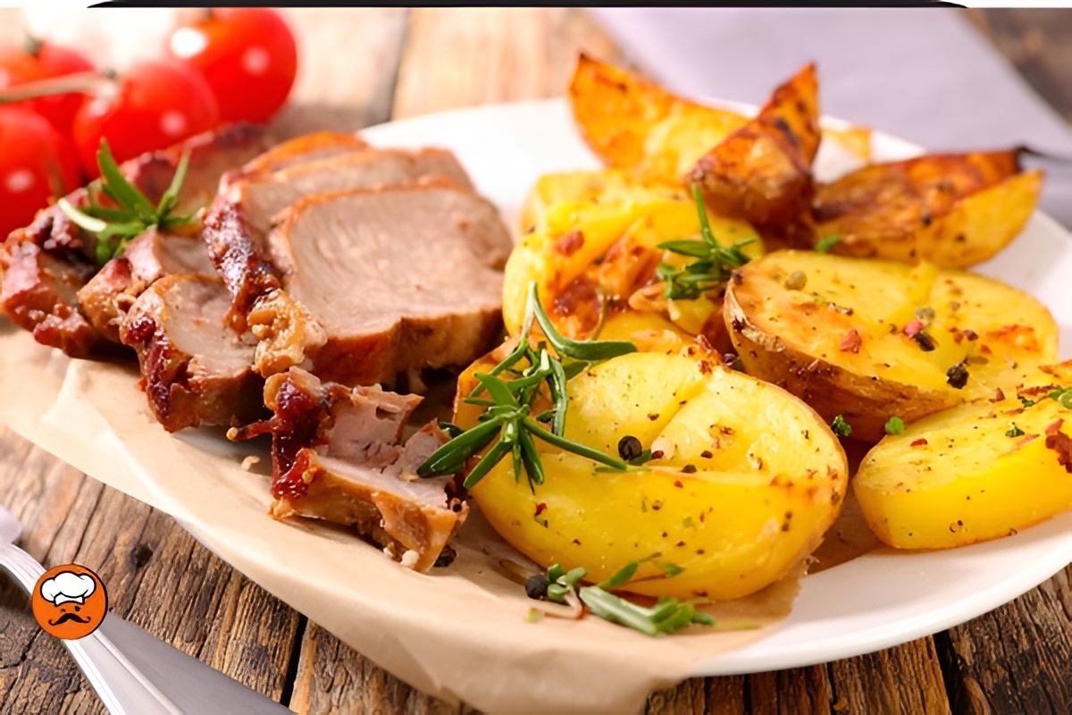 Lomo de cerdo al horno acompañado de papas doradas y romero fresco