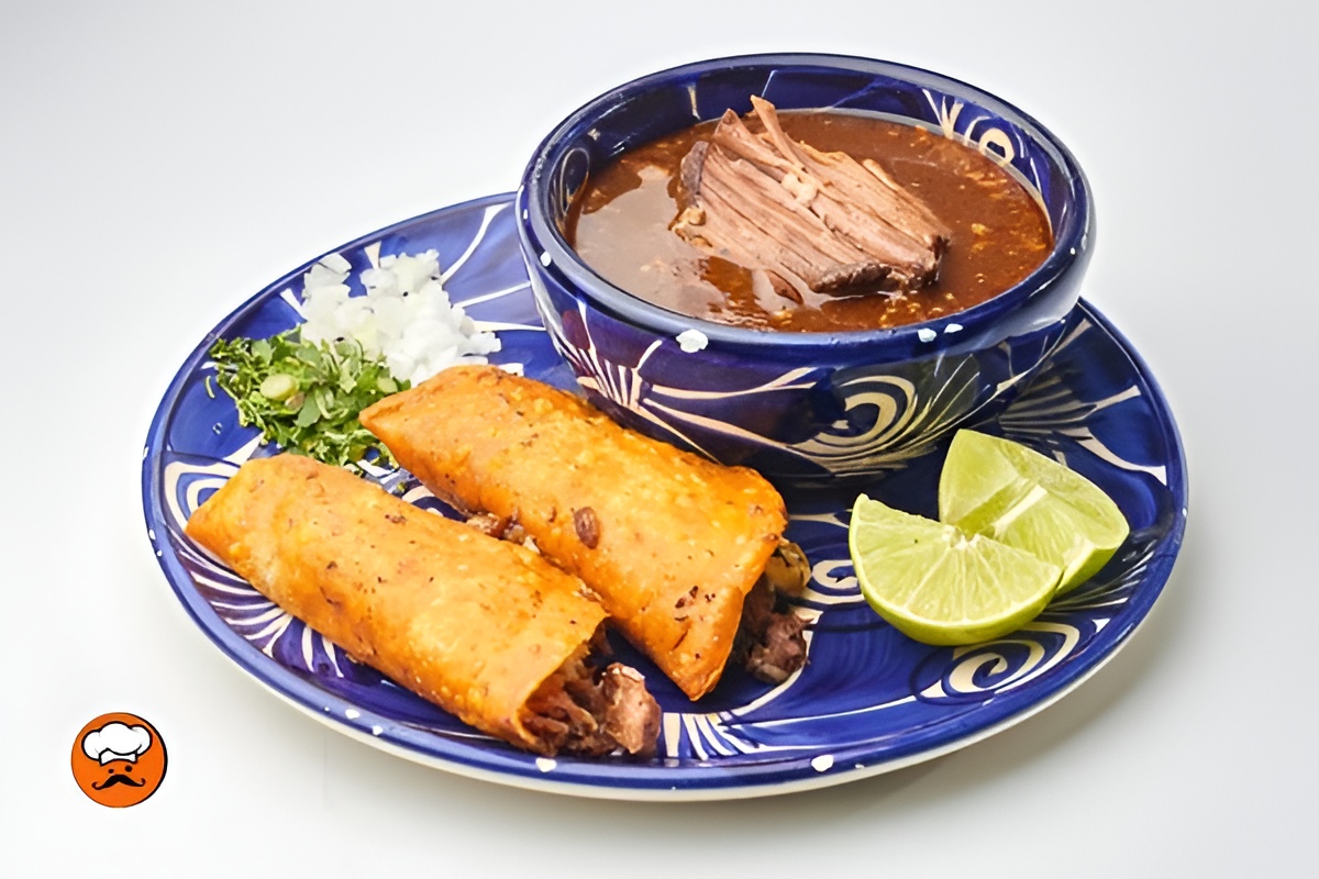 Tacos de birria mexicana con carne desmenuzada y consomé caliente